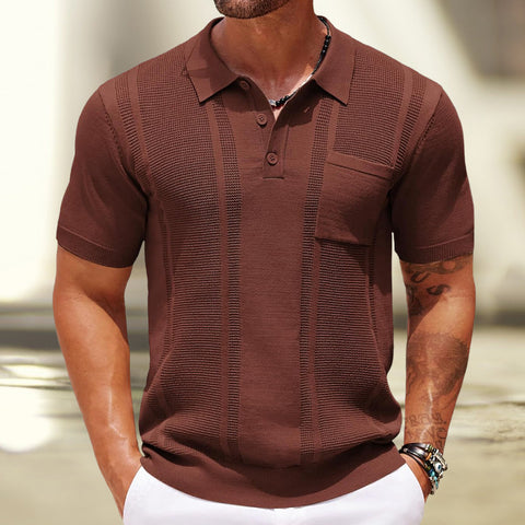 Men's Polo Shirt Summer Solid Color Short Sleeve Sunken Stripe Commuter Style Pullover Sweater