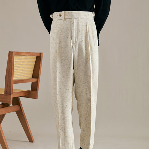 Linen Double Pleated Trousers Straight Leg For Men